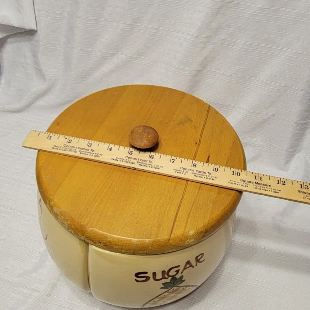 Vintage Ceramic Fruit Motif Wood lid 4 Piece Wedge Cannister set lazy susan